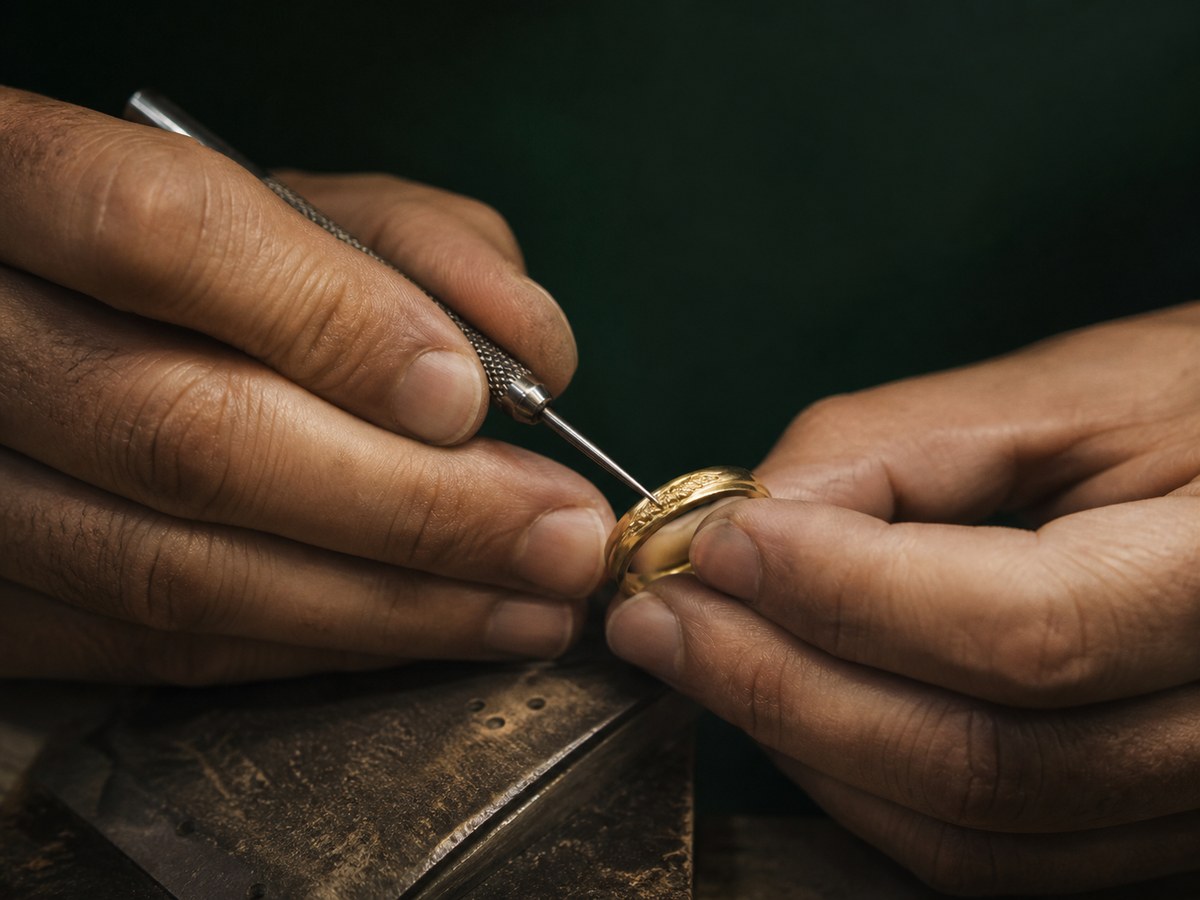 Artisan hands working on a gold ring with a fine tool