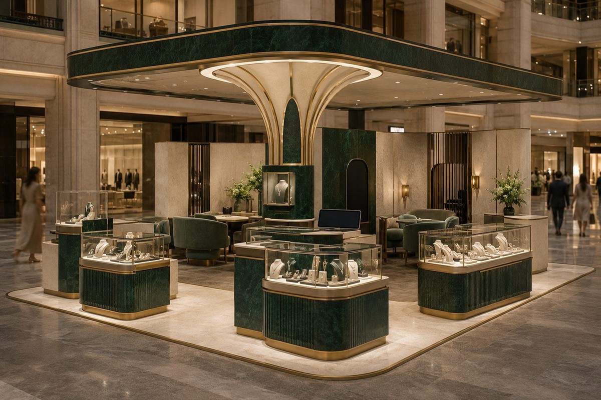 Elegant deep-green jewellery showroom with gold vitrines