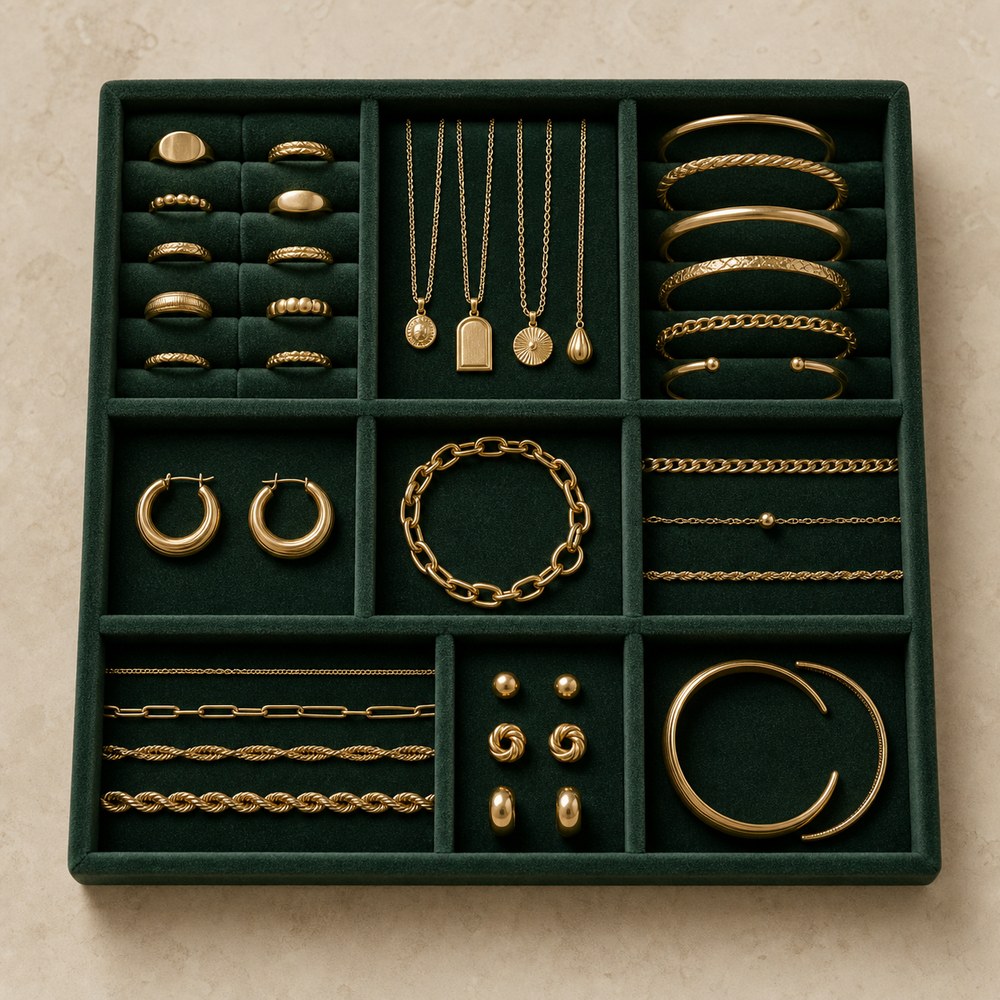 Curated gold jewellery arranged in compartmented green trays