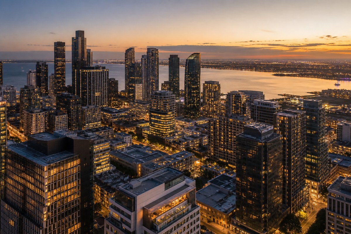 Modern international city skyline at dusk